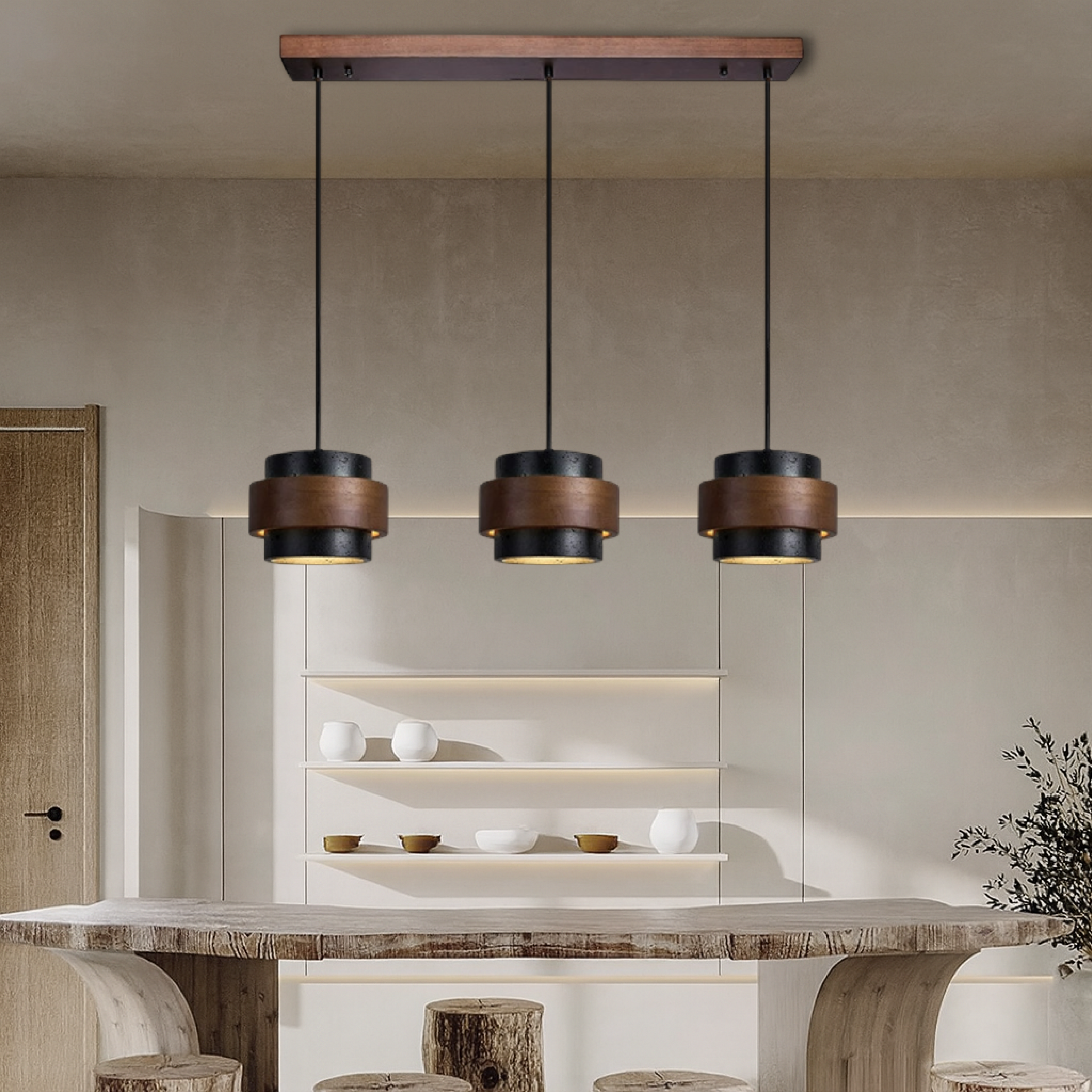 3-kops zwarte travertijn hanglamp