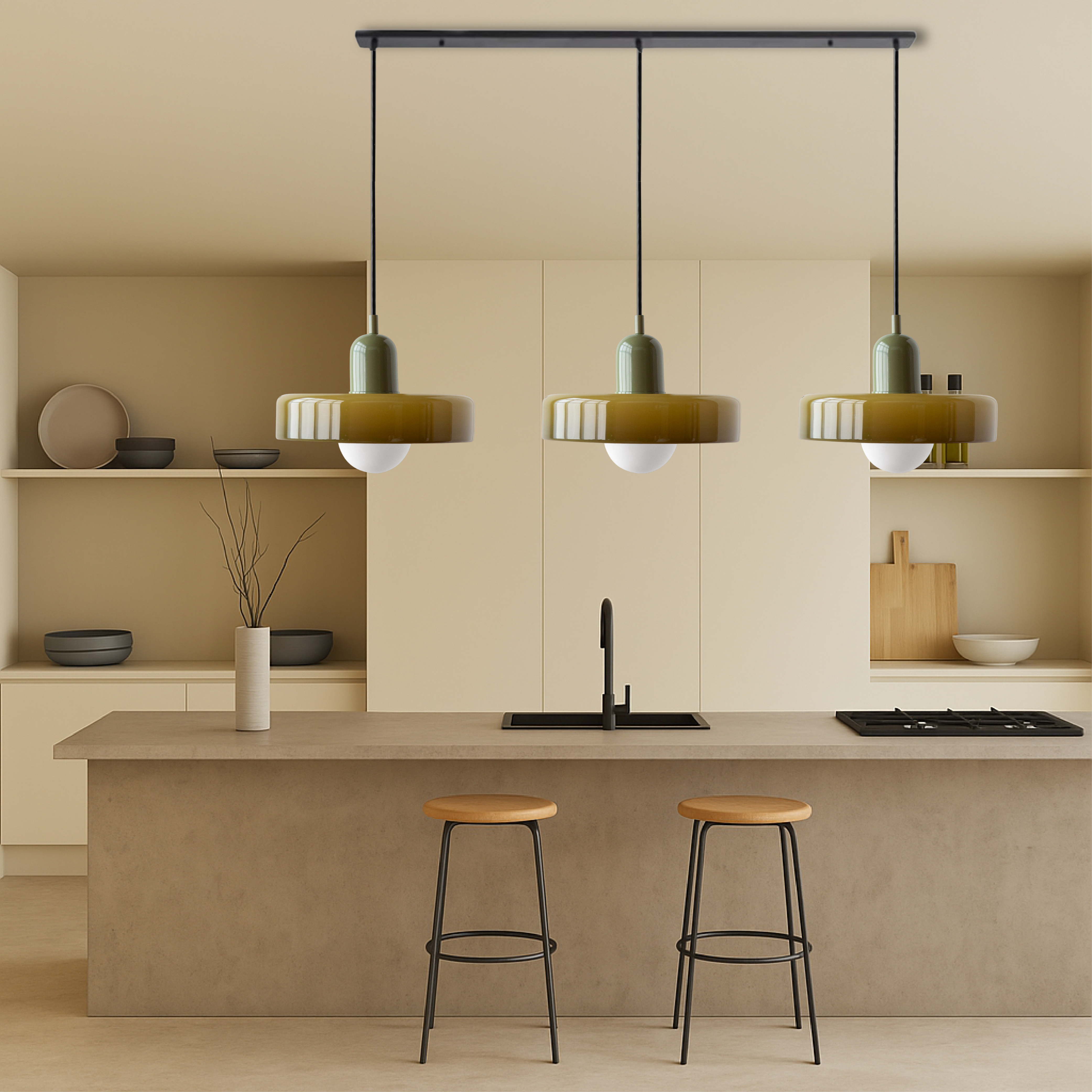 3-kops Bauhaus Gekleurd Glas Hanglamp